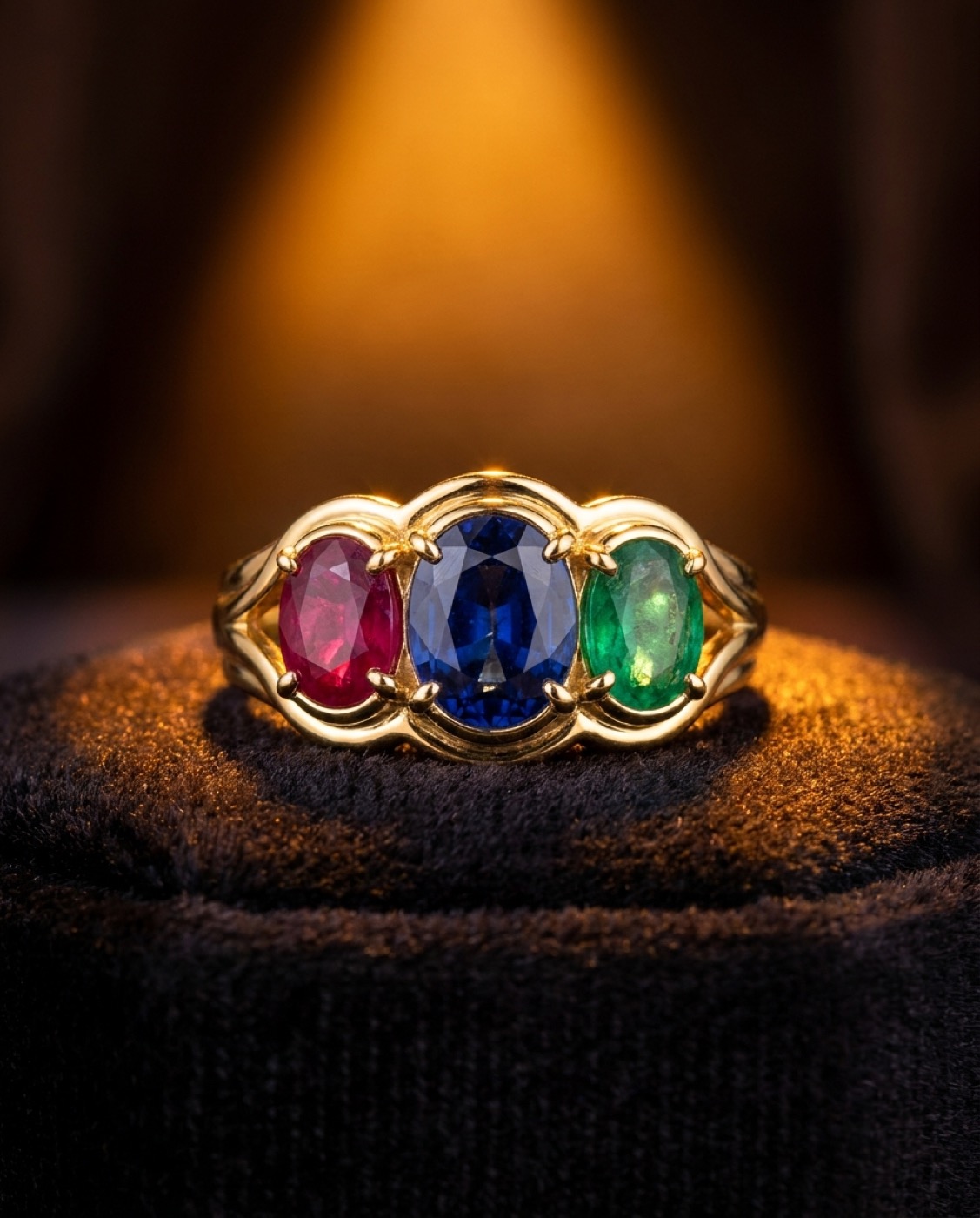 Custom gold ring set with three birthstones