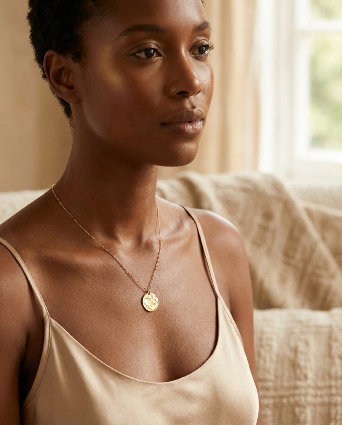 Handcrafted gold pendant worn by a client